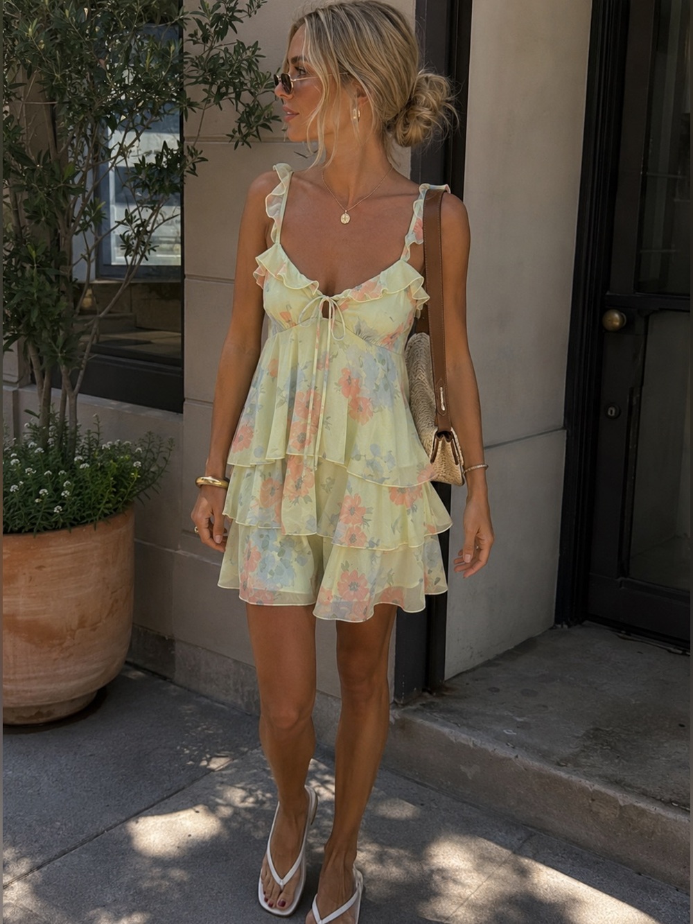 Wild Fable Mint Floral Chiffon Tiered Ruffle Mini Dress Size Small